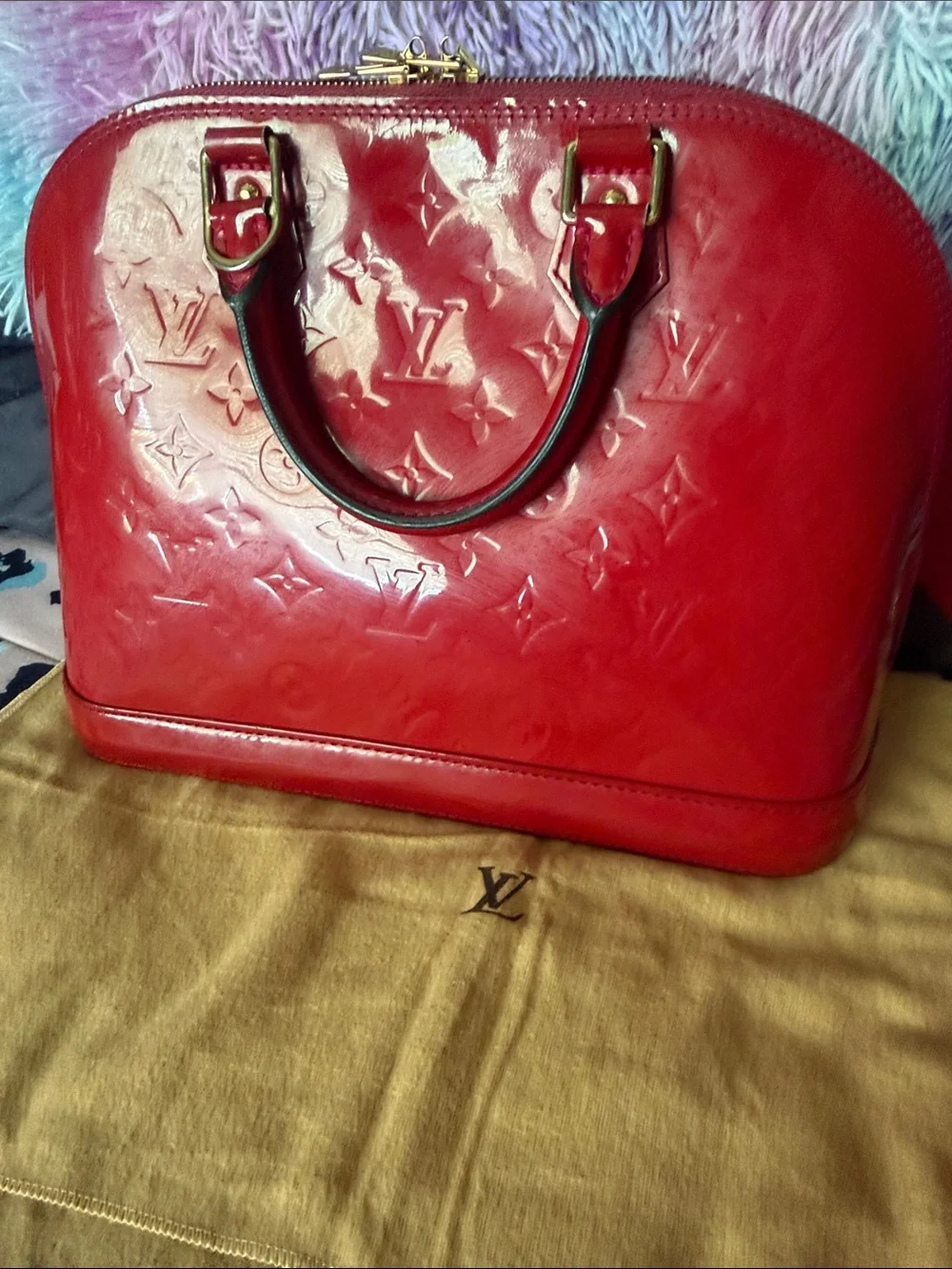 Louis Vuitton Red Patent Alma Pm Satchel with Gold Hardware